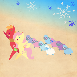 Size: 2000x2000 | Tagged: safe, anonymous artist, big macintosh, fluttershy, pony, sheep, series:12 days of hearth's warming, series:fm holidays, g4, ^^, bipedal, border, christmas, eyes closed, female, hearth's warming, high res, holiday, male, open mouth, outstretched arms, pointy ponies, prancing, ship:fluttermac, shipping, snow, snowflake, straight, texture, tiny ewes, twelve days of christmas