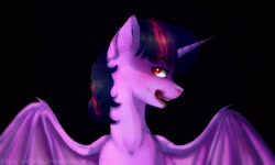 Size: 2500x1500 | Tagged: safe, artist:a-vomikaa, twilight sparkle, bat pony, pony, vampire bat pony, g4, bat ponified, bedroom eyes, black background, blood, bust, ear fluff, fangs, female, licking, licking lips, portrait, profile, race swap, simple background, solo, spread wings, tongue out, twibat, wing claws, wings