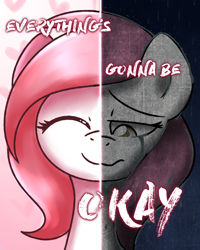 Size: 2048x2560 | Tagged: source needed, safe, artist:sugar morning, oc, oc only, oc:sugar morning, pony, two sided posters, bust, crying, female, high res, mare, portrait, rain, sad, smiling, solo, text, unhappy