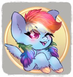 Size: 1100x1150 | Tagged: safe, artist:muffy-chuchu, rainbow dash, pegasus, pony, g4, abstract background, blushing, bust, chest fluff, cute, dashabetes, ear fluff, female, fluffy, looking at you, mare, one eye closed, open mouth, solo, unshorn fetlocks, wink
