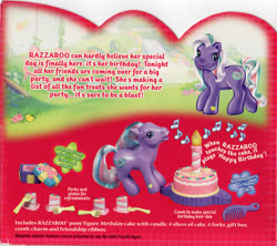 Size: 800x711 | Tagged: safe, razzaroo, g3, official, backcard, birthday cake, cake, candle, comb, food, fork, text