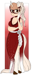 Size: 700x1596 | Tagged: safe, artist:nomipolitan, oc, oc only, unicorn, anthro, unguligrade anthro, breasts, cleavage, clothes, dress, female, side slit, solo