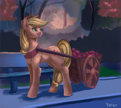 Size: 1280x1148 | Tagged: safe, artist:vell221, applejack, earth pony, pony, g4, apple, apple cart, bench, cart, female, food, mare, solo, tree