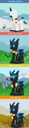 Size: 704x3103 | Tagged: safe, artist:wheatley r.h., derpibooru exclusive, oc, oc only, oc:w. rhinestone eyes, changeling, 4 panel comic, autumn, bat wings, berry bush, blue changeling, bush, changeling loves watermelon, changeling oc, clothes, cold, flower, folded wings, food, hair, happy, horn, ice cream, jacket, leaf, magic, mountain, popsicle, scarf, seasons, snow, snowfall, snowman, solo, spanish, spanish text, speech bubble, spring, summer, telekinesis, tongue out, translated in the comments, vector, visor, watermark, white berry, wings, winter