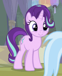 Size: 386x470 | Tagged: safe, screencap, starlight glimmer, trixie, pony, unicorn, g4, season 9, student counsel, animated, blinking, cropped, cute, duo, duo female, female, gif, glimmerbetes, mare, offscreen character, raised hoof, smiling, solo focus