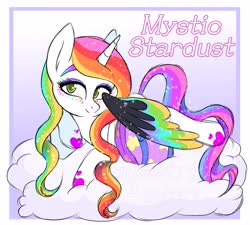 Size: 5000x4505 | Tagged: safe, artist:nomipolitan, oc, oc only, oc:mystic stardust, alicorn, pony, alicorn oc, cloud, heart, horn, multicolored hair, on a cloud, rainbow hair, solo
