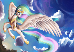 Size: 2894x2039 | Tagged: safe, artist:thatfriendlysomeone, princess celestia, alicorn, pony, g4, cloud, crown, ear fluff, female, flying, high res, hoof shoes, jewelry, mare, regalia, sky, solo, spread wings, wings