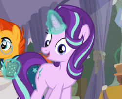 Size: 573x464 | Tagged: safe, screencap, starlight glimmer, sunburst, pony, unicorn, g4, student counsel, animated, cropped, drinking, duo, female, gif, glowing horn, horn, male, mare, mug, one eye closed, stallion, wink