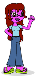 Size: 405x866 | Tagged: safe, artist:logan jones, oc, oc only, oc:lizzie punch, equestria girls, g4, belt, big feet, breasts, clothes, feet, flip-flops, freckles, glasses, jeans, lips, pants, red hair, sandals, shirt, simple background, small breasts, transparent background, waving