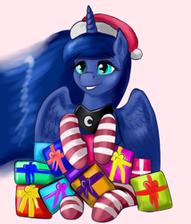 Size: 1800x2100 | Tagged: safe, artist:dukevonkessel, princess luna, alicorn, pony, g4, christmas, clothes, cute, female, hat, holiday, lunabetes, mare, pink background, present, santa hat, simple background, sitting, socks, solo, striped socks