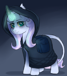 Size: 1969x2252 | Tagged: source needed, safe, artist:nomipolitan, oc, oc only, pony, unicorn, black background, cloak, clothes, curved horn, horn, saddle bag, simple background, solo