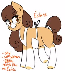 Size: 2474x2768 | Tagged: source needed, safe, artist:nomipolitan, oc, oc only, earth pony, pony, apron, clothes, coat markings, female, glasses, high res, implied vore, mare, reference sheet, simple background, socks (coat markings), solo, white background