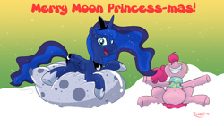 Size: 3840x2160 | Tagged: safe, artist:rupert, pinkie pie, princess luna, alicorn, earth pony, pony, g4, 4k, balloon, belly, belly button, bouncing, chubby, clothes, gradient background, hair over one eye, high res, jewelry, loonerluna, moonbutt, nose in the air, on back, prone, regalia, smiling, snow, snowfall, squishy, teeth, that pony sure does love balloons, winter outfit