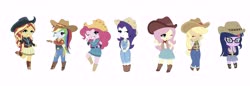 Size: 8752x3024 | Tagged: safe, artist:ocean-drop, applejack, fluttershy, pinkie pie, rainbow dash, rarity, sci-twi, sunset shimmer, twilight sparkle, equestria girls, equestria girls specials, five to nine, g4, my little pony equestria girls: better together, my little pony equestria girls: dance magic, absurd resolution, adorable face, beautiful, belt, boots, chibi, clothes, cowboy boots, cowboy hat, cowgirl, cowgirl outfit, cute, dashabetes, diapinkes, eyes closed, female, hat, humane five, humane seven, humane six, jackabetes, jeans, one eye closed, overalls, pants, raribetes, rarihick, shimmerbetes, shoes, shyabetes, simple background, skirt, smiling, stetson, twiabetes, western, white background, wink