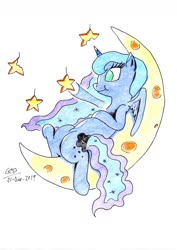 Size: 1024x1447 | Tagged: safe, artist:gafelpoez, princess luna, alicorn, pony, g4, crescent moon, female, mare, moon, queen (band), solo, tangible heavenly object, traditional art, transparent moon