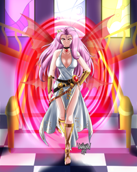 Size: 4000x5000 | Tagged: safe, artist:danmakuman, fluttershy, human, g4, bat ponified, breasts, busty fluttershy, clothes, disguise, disguised siren, dress, feet, female, fin wings, gem, gold, humanized, jewelry, necklace, portal, sandals, siren gem, solo, white dress, wings