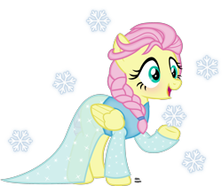 Size: 2152x1804 | Tagged: safe, artist:anime-equestria, fluttershy, pegasus, pony, g4, alternate hairstyle, blushing, braid, clothes, cute, disney, dress, elsa, female, frozen (movie), hairband, happy, long sleeves, mare, open mouth, parody, shyabetes, simple background, snow, snowflake, solo, sparkles, transparent background, vector, wings