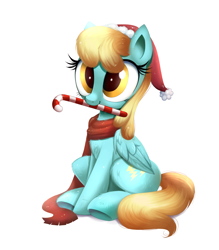 Size: 1386x1585 | Tagged: safe, artist:confetticakez, part of a set, sassaflash, pegasus, pony, g4, background pony, candy, candy cane, christmas, clothes, commission, cute, female, folded wings, food, hat, holiday, mare, mouth hold, santa hat, scarf, simple background, sitting, snow, solo, white background, wings, winter, ych result