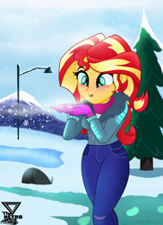 Size: 2000x2750 | Tagged: safe, artist:theretroart88, sunset shimmer, equestria girls, equestria girls specials, g4, my little pony equestria girls: better together, my little pony equestria girls: holidays unwrapped, blowing, christmas, clothes, cute, female, gloves, high res, holiday, hoodie, jeans, open mouth, pants, shimmerbetes, snow, solo, tree, winter