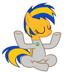 Size: 1172x1225 | Tagged: safe, artist:mlpfan3991, oc, oc only, oc:flare spark, pegasus, pony, g4, base used, bodysuit, catsuit, cute, eyes closed, fantasy class, female, hippie, jewelry, latex, latex suit, lotus position, meditating, meditation, necklace, peace suit, peace symbol, peaceful, rubber suit, simple background, smiling, solo, transparent background, warrior