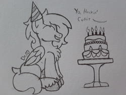 Size: 2576x1932 | Tagged: safe, artist:drheartdoodles, oc, oc only, oc:dr.heart, clydesdale, pegasus, pony, cake, chest fluff, food, hat, party hat, sitting, solo, traditional art