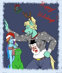 Size: 1024x1219 | Tagged: safe, artist:nwinter3, rainbow dash, zephyr breeze, anthro, g4, against wall, antlers, blushing, christmas, christmas sweater, clothes, female, hat, holiday, male, mistletoe, overalls, reindeer antlers, rudolph the red nosed reindeer, santa hat, ship:zephdash, shipping, size difference, snowman, straight, sweater, tsunderainbow, tsundere
