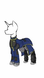 Size: 288x512 | Tagged: safe, fallout equestria, fallout equestria: kingpin, armor, armored legs, clothes, concept art, jumpsuit, mannequin, shoes, stable 232, stable 232 overmare suit, vault suit