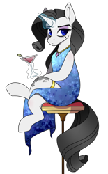 Size: 270x436 | Tagged: safe, artist:crimmharmony, oc, oc only, oc:shadow spade, pony, unicorn, fallout equestria, fallout equestria: kingpin, alcohol, bags under eyes, beauty mark, blank, blank of rarity, blue dress, blue eyes, commissioner:genki, crossed legs, dead eyes, eyeshadow, glass, gold rings, horn, jewelry, justice mare, lawbringer, magic, makeup, necklace, not rarity, purple eyeshadow, simple background, sitting, solo, sophisticated as hell, sparkling blue dress, sparkling dress, spots, stool, telekinesis, tired, transparent background, unicorn oc, wine, wine glass