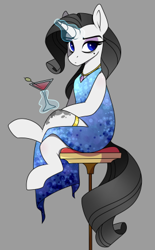 Size: 270x436 | Tagged: safe, artist:crimmharmony, oc, oc only, oc:shadow spade, pony, unicorn, fallout equestria, fallout equestria: kingpin, alcohol, bags under eyes, beauty mark, blank, blank of rarity, blue dress, blue eyes, commissioner:genki, crossed legs, dead eyes, eyeshadow, glass, gold rings, gray background, horn, jewelry, justice mare, lawbringer, magic, makeup, necklace, not rarity, purple eyeshadow, simple background, sitting, solo, sophisticated as hell, sparkling blue dress, sparkling dress, spots, stool, telekinesis, tired, unicorn oc, wine, wine glass