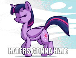 Size: 480x369 | Tagged: source needed, safe, artist:whateverbender, edit, twilight sparkle, alicorn, pony, g4, animated, caption, cute, female, frame by frame, gif, haters gonna hate, image macro, mare, meme, solo, text, trotting, twiabetes, twilight sparkle (alicorn)