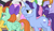 Size: 656x378 | Tagged: safe, screencap, berry blend, berry bliss, chancellor neighsay, citrine spark, fire quacker, huckleberry, november rain, peppermint goldylinks, strawberry scoop, pegasus, pony, unicorn, g4, school raze, angry, background pony, carrying, cropped, duo focus, female, friendship student, male, mare, stallion