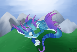 Size: 5700x3900 | Tagged: safe, artist:skydiggitydive, oc, oc only, dragon, claws, eyes closed, grass, hill, horns, mountain, rock, scales, sleeping, solo, wingless