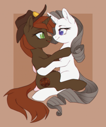 Size: 366x437 | Tagged: safe, anonymous artist, oc, oc only, oc:shadow spade, oc:tarnish star, pony, unicorn, fallout equestria, fallout equestria: falling stars, fallout equestria: kingpin, blank, blank flank, blank of rarity, blue eyes, commissioner:tarnish, cowboy hat, cuddling, cutie mark, detective, female, green eyes, hat, holding each other, horn, justice mare, lawbringer, lesbian, looking at each other, love, mare, not rarity, pretty much smores, sheriff, unicorn oc