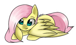 Size: 550x324 | Tagged: safe, artist:filypaws, fluttershy, pegasus, pony, g4, crossed hooves, cute, female, looking at you, mare, prone, request, requested art, shyabetes, sidemouth, simple background, smiling, solo, white background
