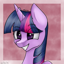 Size: 768x768 | Tagged: safe, artist:filypaws, twilight sparkle, pony, g4, abstract background, bust, eye clipping through hair, eye reflection, female, grin, mare, redraw, reflection, smiling, solo