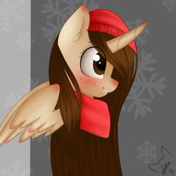 Size: 1270x1270 | Tagged: safe, artist:filypaws, oc, oc only, oc:fily paws, alicorn, pony, abstract background, alicorn oc, beanie, bust, clothes, cold, ear fluff, eye clipping through hair, female, hat, horn, mare, ponysona, profile, red nosed, scarf, smiling, solo