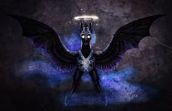 Size: 1920x1245 | Tagged: safe, artist:dragonfang103, nightmare moon, pony, g4, abstract background, armor, bat wings, creepy, female, glowing eyes, hybrid wings, sharp teeth, signature, solo, spread wings, teeth, wings