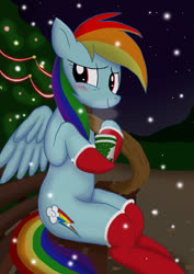 Size: 2142x3026 | Tagged: safe, artist:neoshrek, rainbow dash, pegasus, pony, g4, bench, blushing, christmas, clothes, coffee cup, cup, female, high res, holiday, looking at you, mare, mittens, sitting, smiling, snow, socks
