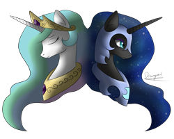 Size: 2000x1600 | Tagged: safe, artist:dreamyartcosplay, nightmare moon, princess celestia, alicorn, pony, g4, bust, duo, ethereal mane, eyes closed, female, jewelry, mare, peytral, signature, simple background, starry mane, tiara, transparent background