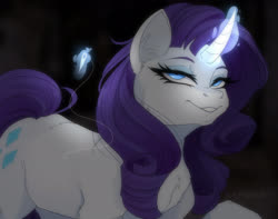 Size: 2754x2170 | Tagged: safe, artist:mrgdog, rarity, pony, unicorn, g4, female, glowing horn, high res, horn, lidded eyes, looking at you, magic, sewing needle, signature, smiling, solo, telekinesis