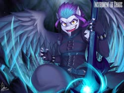 Size: 1080x810 | Tagged: safe, artist:weirdsketcher, oc, oc only, oc:cosmic colors, pegasus, anthro, bard, belt, clothes, fantasy, fantasy class, female, guitar, looking at you, musical instrument, narrowed eyes, open mouth, punk rock, solo, spread wings, wings