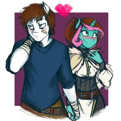 Size: 1080x1080 | Tagged: safe, artist:weirdsketcher, oc, oc only, unicorn, anthro, abstract background, bandaid, blushing, clothes, female, heart, holding hands, lidded eyes, male, smiling, straight