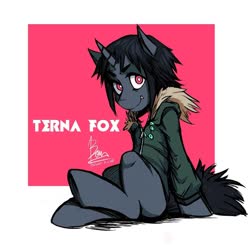 Size: 1080x1080 | Tagged: safe, artist:weirdsketcher, oc, oc only, oc:terna fox, pony, unicorn, semi-anthro, arm hooves, clothes, fangs, jacket, jewelry, looking at you, necklace, sitting, smiling, solo