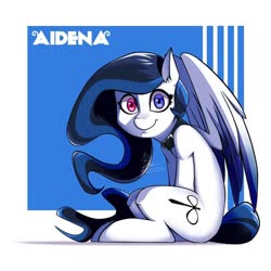 Size: 1080x1080 | Tagged: safe, artist:weirdsketcher, oc, oc only, oc:aidena, pegasus, pony, abstract background, collar, cutie mark, ethereal mane, female, heterochromia, human shoulders, looking at you, mare, sitting, smiling, solo