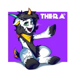 Size: 1080x1080 | Tagged: safe, artist:weirdsketcher, oc, oc only, oc:thera, goat, goat pony, abstract background, art trade, female, fluffy, horn, human shoulders, looking at you, multiple horns, open mouth, sitting, solo