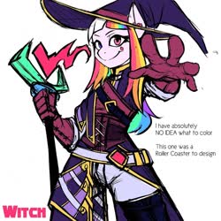 Size: 1080x1080 | Tagged: safe, artist:weirdsketcher, part of a set, oc, oc only, anthro, ear piercing, earring, fantasy class, female, hat, heterochromia, jewelry, looking at you, piercing, simple background, smiling, solo, staff, white background, witch, wizard hat