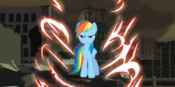 Size: 3203x1603 | Tagged: safe, rainbow dash, pegasus, pony, g4, infamous, lightning, looking at you, manehattan, ruins, serious, serious face, wallpaper