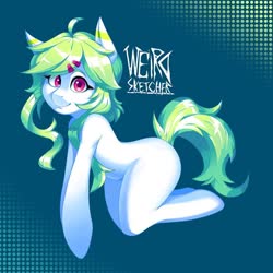 Size: 1080x1080 | Tagged: safe, artist:weirdsketcher, earth pony, pony, semi-anthro, abstract background, arm hooves, blank flank, commission, female, hairclip, looking at you, mare, smiling, solo