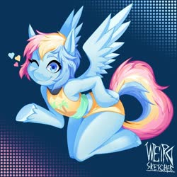 Size: 1080x1080 | Tagged: safe, artist:weirdsketcher, oc, oc only, pegasus, pony, semi-anthro, abstract background, arm hooves, clothes, commission, female, heart, looking at you, mare, midriff, one eye closed, smiling, solo, sports panties, spread wings, tank top, wings, wink, workout outfit