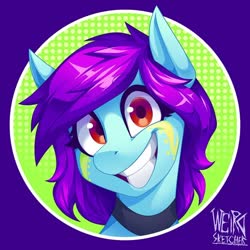 Size: 1080x1080 | Tagged: safe, artist:weirdsketcher, oc, oc only, pony, abstract background, bodypaint, bust, collar, commission, female, grin, looking at you, mare, smiling, solo